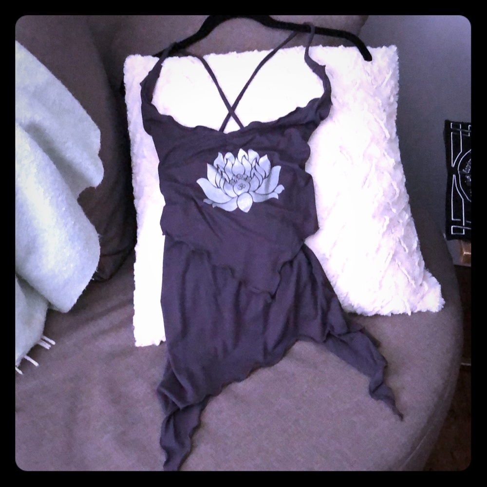 Asymmetrical gray tank top.